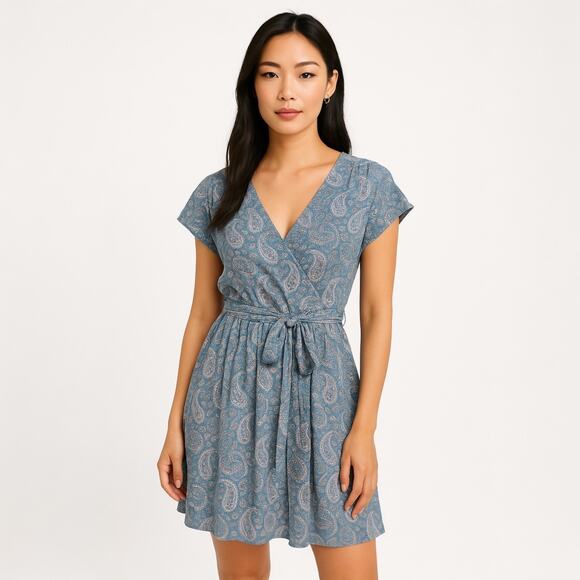 Aritzia Dresses & Skirts - Aritzia Little Moon Sol Blue Paisley Flutter-sleeve Tiered Belted Mini Dress M